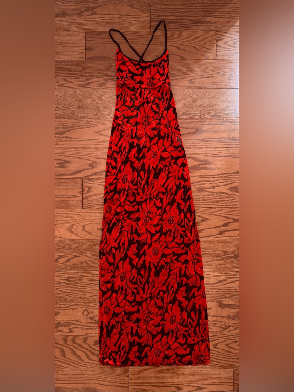 Red Floral Velvet Maxi Dress with Open Back